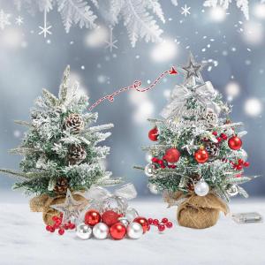 Mini-kerstboom met led, 45 cm kleine kerstboom, versierd met kunstsneeuw en ornamenten, mini-dennenboom voor kerstdecoratie, rood zilver