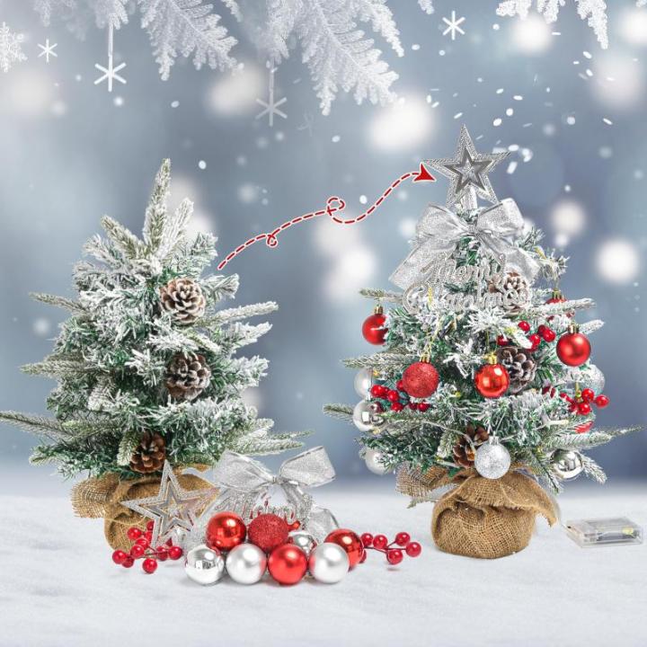 Mini-kerstboom met led, 45 cm kleine kerstboom, versierd met kunstsneeuw en ornamenten, mini-dennenboom voor kerstdecoratie, rood zilver