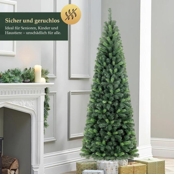 Kunstkerstboom Slim 210 cm, dennenboom met handschoenen en metalen standaard, potlood kerstboom met 818 pvc-punten, groen