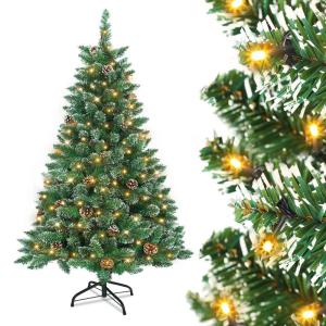 120cm PVC Kunstkerstboom Kerstboom met LED, met metalen standaard, voor Kerstdecoratie, Sneeuweffect+pijnappel+LED
