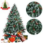 Kerstboom van 2,1 m met dennenappels en bessen, 2,1 m PVC kunstmatige kerstboom met sneeuw stroomden tips kerstdecoratie staande kerstboom voor binnen buiten groen en wit
