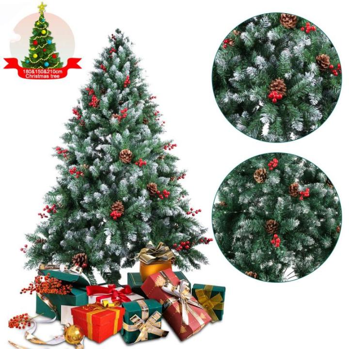 Kerstboom van 2,1 m met dennenappels en bessen, 2,1 m PVC kunstmatige kerstboom met sneeuw stroomden tips kerstdecoratie staande kerstboom voor binnen buiten groen en wit
