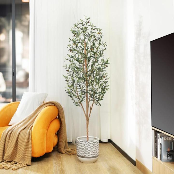 Kunstmatige olijfboom, 180 cm, grote kunstplant met natuurlijke houten stam en vruchten, kunstmatige olijfboom in pot, voor huis, slaapkamer, kantoor, tuin, decoratie (1 stuks)