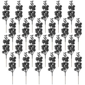 24 stuks glitter zwarte bessen stelen, kunstmatige rode bessen plukken, glitter, zwarte bessen, takken, kerstbessen, steel, picks voor kerstboom, doe-het-zelf, knutselen, bruiloft,