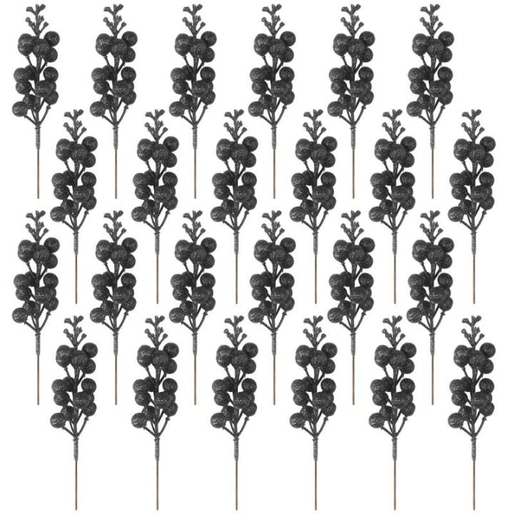 24 stuks glitter zwarte bessen stelen, kunstmatige rode bessen plukken, glitter, zwarte bessen, takken, kerstbessen, steel, picks voor kerstboom, doe-het-zelf, knutselen, bruiloft,