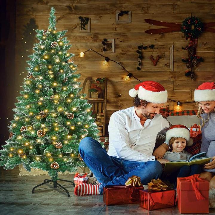 Kunstkerstboom, dennenboom met verlichting, 180 leds, warm wit, incl. metalen standaard, 367 takken, pvc-kerstboom voor kerstdecoratie (120 cm, sneeuweffect, dennenappels + led)