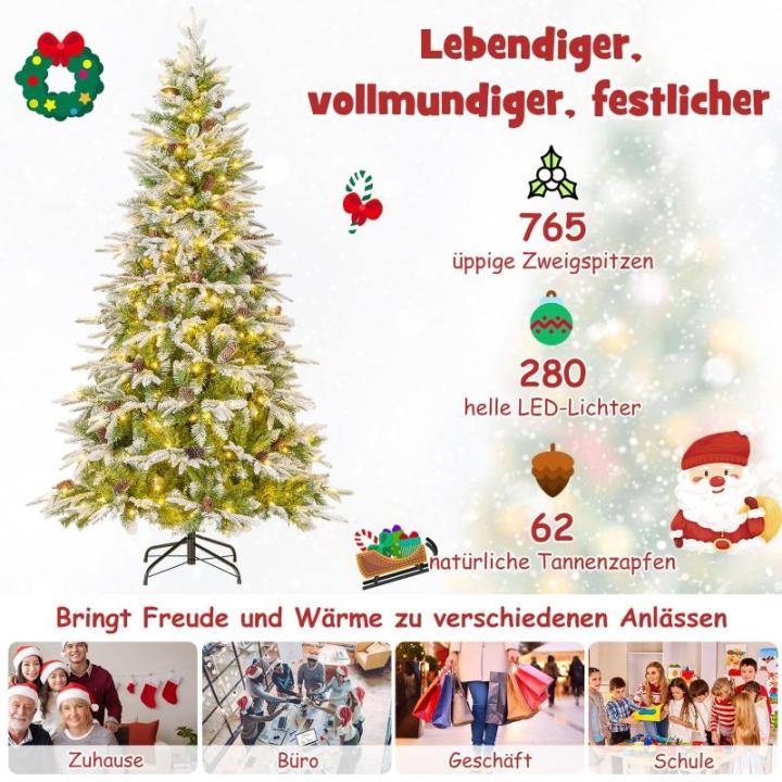 Kunstkerstboom van 190 cm met verlichting en sneeuw, dennenboom met 280 warmwitte ledlampen en 62 dennenappels, kerstboom met scharnierstructuur, kunstboom voor thuis