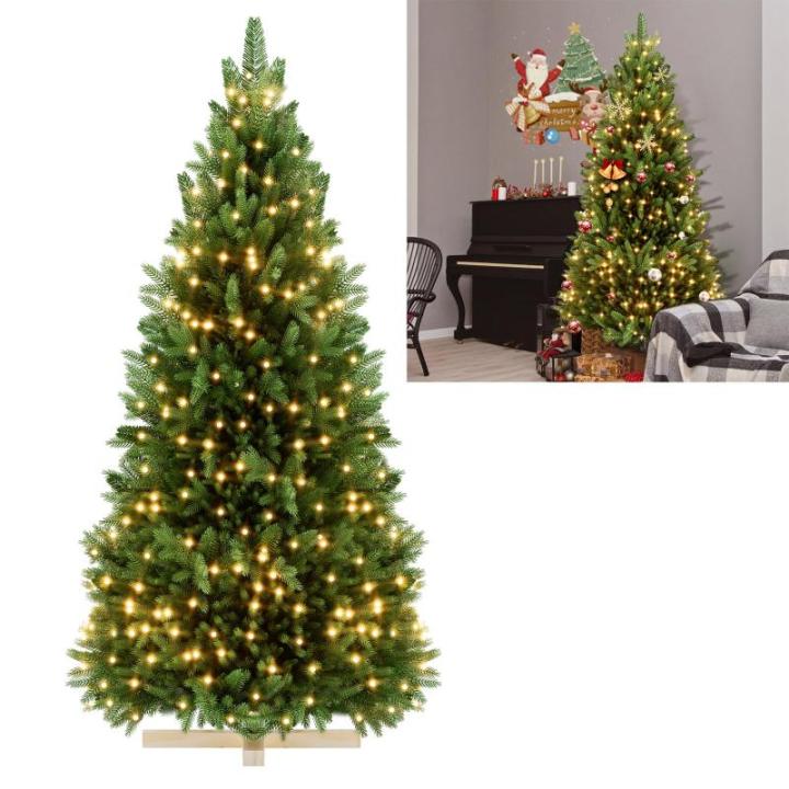 Künstlicher Weihnachtsbaum 210cm, Tannenbaum mit LED Beleuchtung & Holzständer, PVC+PE Christbaum Weihnachtsbaum inkl. 1150 Spitzen, für Weihnachtsdeko Mehrweg