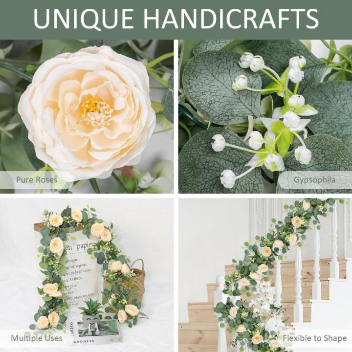 Künstliche Eukalyptus-Blumengirlande mit Champagnerrose, Seidenblumen, Grün, Girlande, Kunstschleierkraut, Efeu, für Hochzeit, Zuhause, Weihnachten, Party, Tischläufer, Dekorat