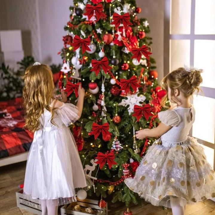 10 stuks rode strikken Kerstmis glitter kerstboom strikken kerstboomversiering voor familiefeesten feestdecoratie voor Kerstmis vakantie bruiloft feesten