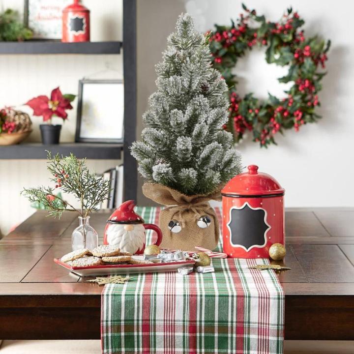 Mini Tafelkerstboom in jute basis 40,6 cm kunstmatige dennentakken bedekt met sneeuw, voor kerstdecoratie wooncultuur keuken eettafel