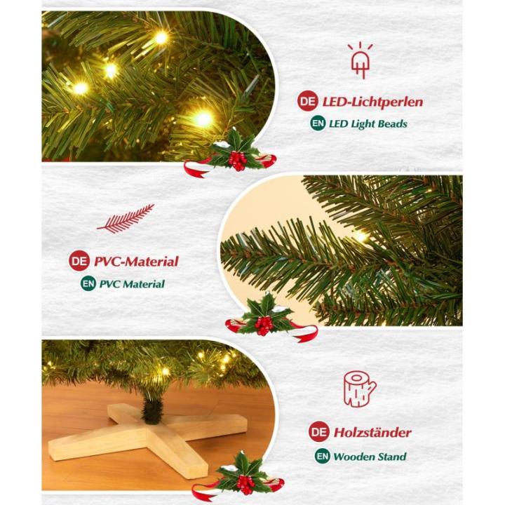 Kunstkerstboom met verlichting, kleurrijke led met houten standaard voor kerstdecoratie, 210 cm