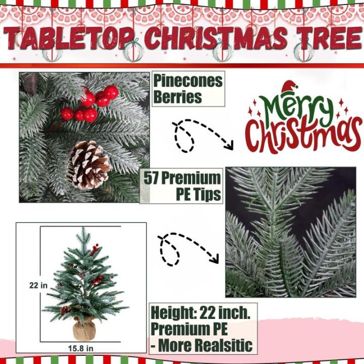 55 cm kerstboom vijf vorken PE rood fruit linnen mist witte boom, 8 dennenappels, 8 bessen | pluizige bevlokte kerstboom van 2 voet - geeft een feestelijke touch | dunne vlok op gr