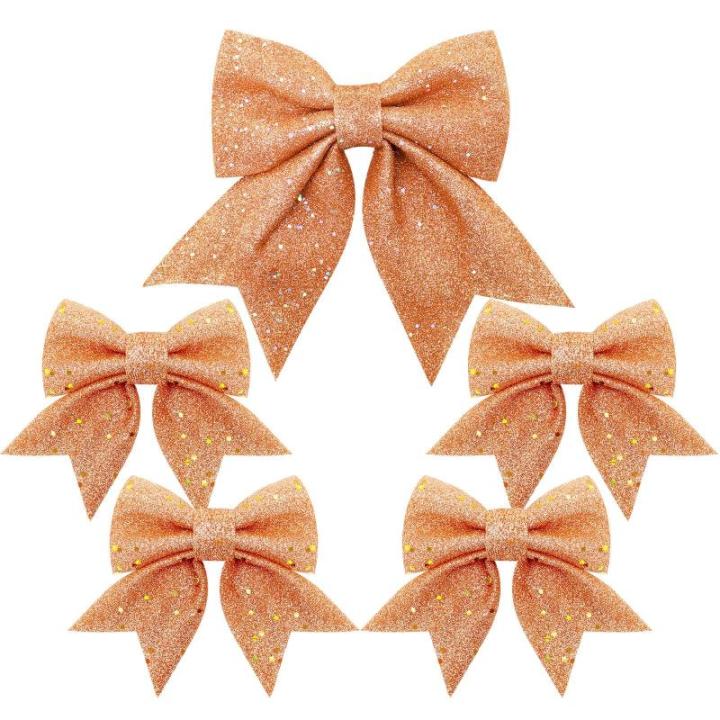1 + 4 stuks roségouden strikken kerstkerstboomstrikken, glitter kerstboomversiering voor familiefeesten, feestdecoratie voor Kerstmis, vakantie, bruiloft, feesten (2 maat)