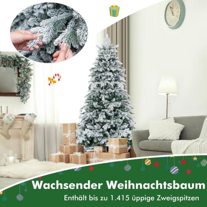 Kunstkerstboom met verlichting, 180 cm, 260 warmwitte leds, dennenboom met sneeuw en metalen standaard, sneeuwbedekt, wit