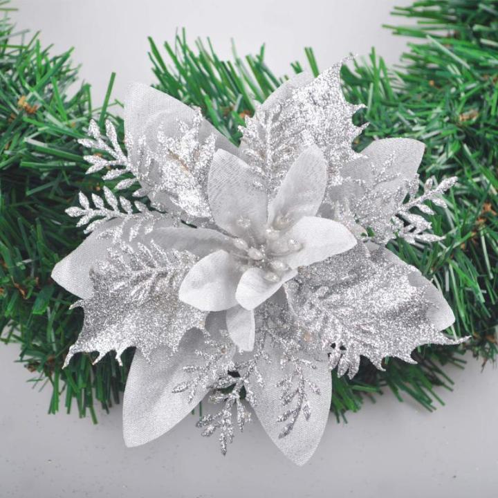 GL-Turelfies 12 STK. Glitzer Weihnachtsblumen (15cm/5,9'') mit 12 STK. Clips Künstliche Weihnachtsstern Blumen Weihnachtsbaum Blumenschmuck Weihnachtsbaum Ornamente (Silber)