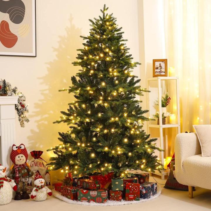Nordmann-kunstkerstboom met verlichting, led-dennenboom met houten standaard voor kerstdecoratie, van PE en pvc, herbruikbaar, 210 cm