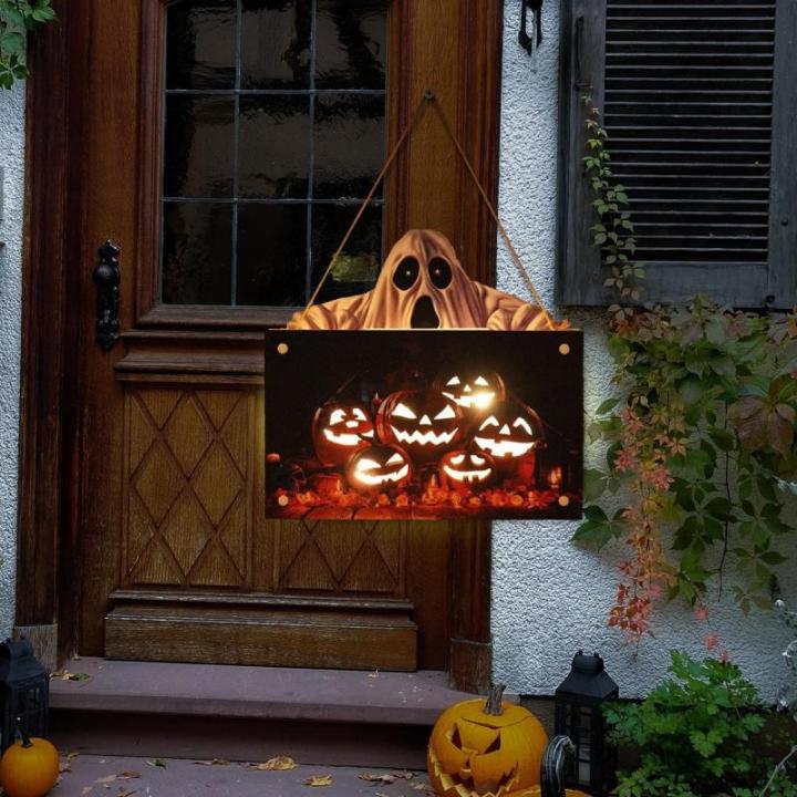 Kürbisschild Outdoor-Wandkunst | Kürbisschild Rustikale Wohndekoration | Rustikale Heimdekoration mit Seil, bedruckte Halloween-Veranda-Dekorationen (Ghost Pumpkin Wsgp 01c)