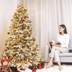 Kunstkerstboom met verlichting, witte sneeuwvlokken, led-dennenboom voor kerstdecoratie, van PE en pvc, 180 cm