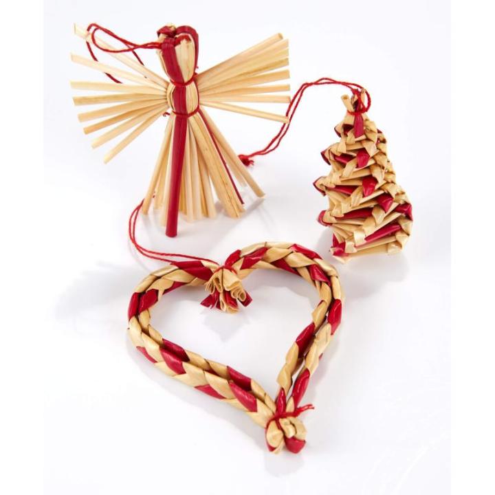 Kerstboomversiering van stro - stro boomdecoratie met rode accenten - 25-delige set - kerstboomhanger van natuurlijk materiaal, 6 cm