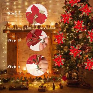 12 stuks kerstster glitter kerstster goud rood kunstbloemen decoratie, kerstster kunstbloemen met clips + voorbouwstukken, kerstbloemen voor Kerstmis, bruiloft, tuin, Nieuwjaar