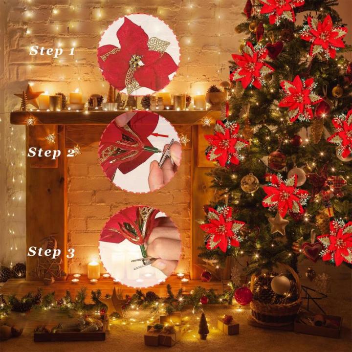 12 stuks kerstster glitter kerstster goud rood kunstbloemen decoratie, kerstster kunstbloemen met clips + voorbouwstukken, kerstbloemen voor Kerstmis, bruiloft, tuin, Nieuwjaar