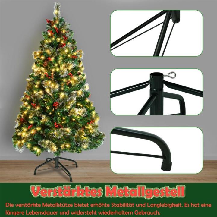 Kunstkerstboom met verlichting, 150 cm, 8 modi, dennenboom, groen, pvc, kerstboom voor kerstdecoratie, met dennenappels, dennennaald en dennennaald, klapsysteem, opvouwbare standaa