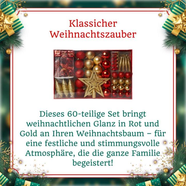 Kerstboomversiering - goud/rood - 60-delig - set incl. boompiek, ballen, parelketting, slinger en sterren - kunststof, 47,5 x 29,7 x 6,5 cm