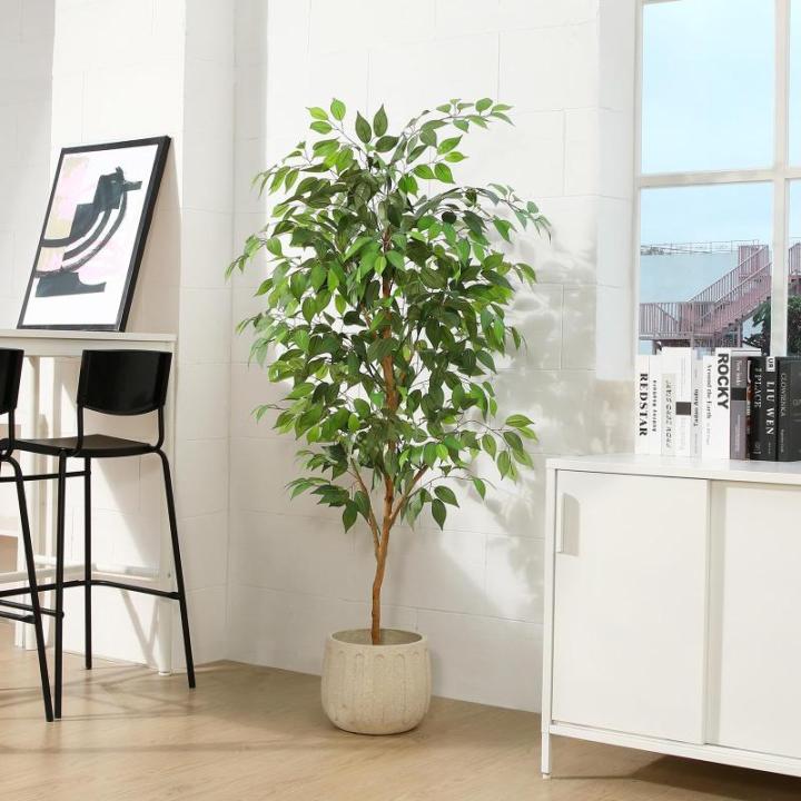 Ficus Benjamina , groot, 150 cm, met natuurhouten stam, kamerplant, kunstboom in pot, voor thuis, kantoor, balkon, decoratie (2 stuks)