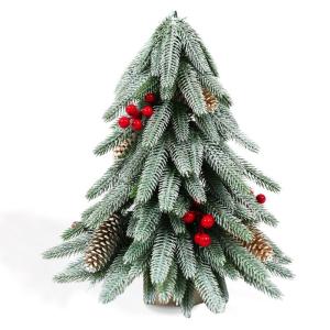 40 cm kleine kerstboom jet witte kerstboom drievoudige vork PE dennenappels omgekeerde stropdas kleine boom met pailletten bessen dennenappels houten sokkel mini-kerstdennenboom