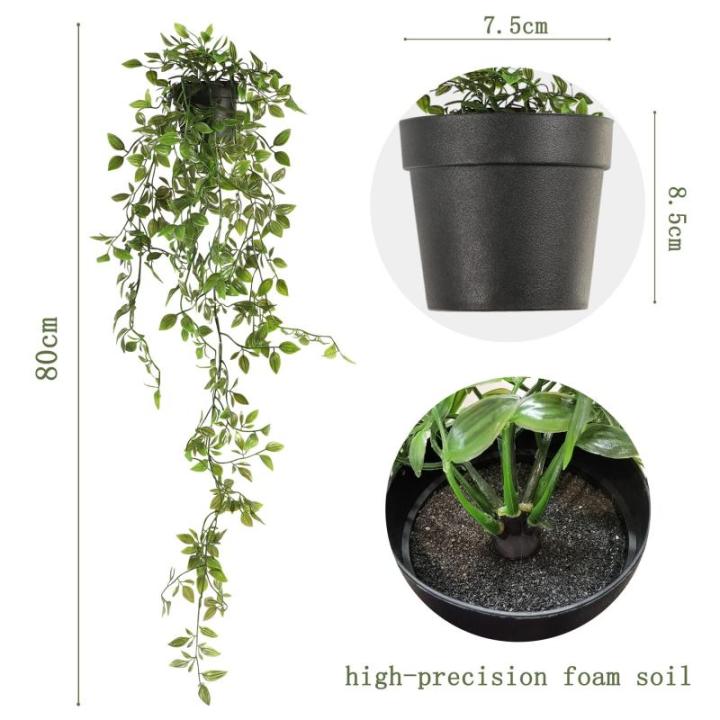 Set van 2 kunstmatige potplanten hangende wijnstokken groene hangende in potten faux hangende planten binnenshuis kamerplanten opknoping voor plank woonkamer badkamer keuken muur