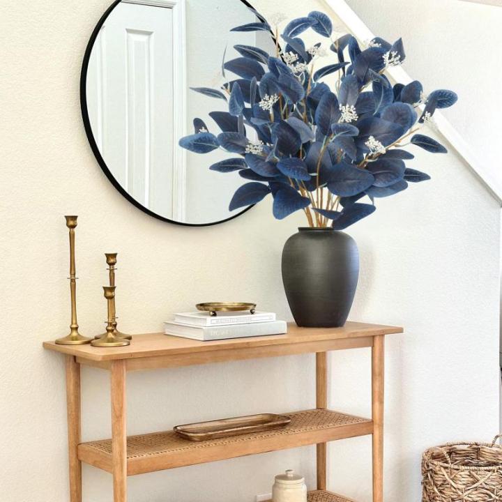 6 Stück Kunstpflanzen Eukalyptus blau künstliche Eukalyptusblätter Zweige mit Samen Silberne Dollar-Pflanzen für Zuhause Innenbereich Vase Blumenarrangement Party-Dekoration