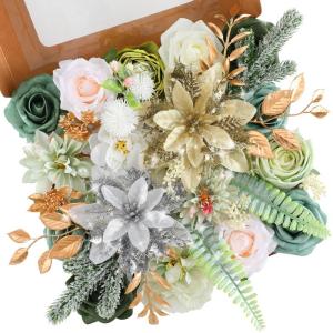 Kunstkerststerren, zijden bloemen, kunstrozen met stelen voor bruiloft, bruidsboeketten, tafeldecoratie, kerstdecoratie (goud, zilver en lichtgroen)