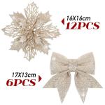 12 stuks glitter kerstster bloemen met 6 stuks glitter kerststrikken decoratie kerstboomversiering kerstdecoratie voor kerstboom Nieuwjaar decoraties