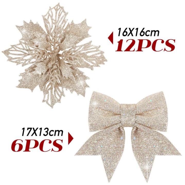 12 stuks glitter kerstster bloemen met 6 stuks glitter kerststrikken decoratie kerstboomversiering kerstdecoratie voor kerstboom Nieuwjaar decoraties