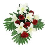 Boeket met kunstlelies en rozen, , oplegger, boeket, bloem, tafeldecoratie, bloemstuk, decoratie, grafdecoratie, grafdecoratie, begraafplaats, begraafplaats, begraafplaats,