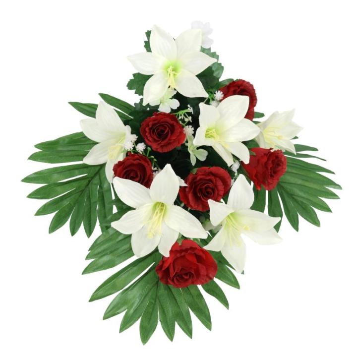 Boeket met kunstlelies en rozen, , oplegger, boeket, bloem, tafeldecoratie, bloemstuk, decoratie, grafdecoratie, grafdecoratie, begraafplaats, begraafplaats, begraafplaats,