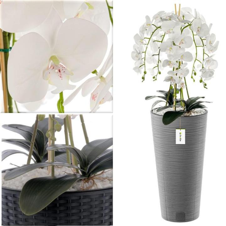 Künstliche Orchidee Kaskaden Blumenstrauß Weiß im Topf Beton H 110 cm Heimbüro Dekoration, Kunstpflanze Orchidee, Kunstblume, Künstliche Orchidee im Topf