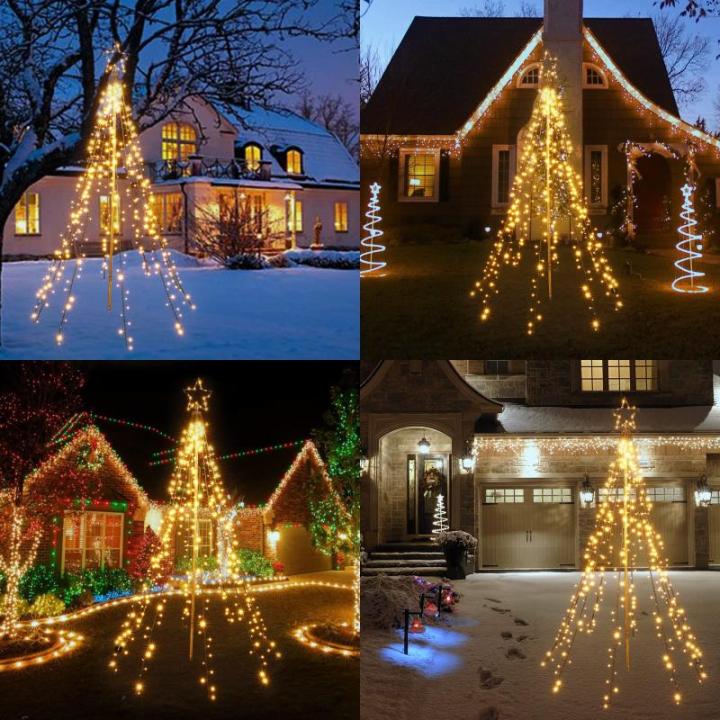 Kerstverlichting met ring en sterren, 10 slingers van 2,1 m, 450 leds, kerstboomlichtketting voor buiten, met afstandsbediening, 8 modi, dimbaar, warmwit, voor gazon en tuin