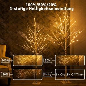 Kerstboomtakset van 1,5 m, 1,5 m, berkenboom met warme witte leds, timer, netvoeding, met waterdichte adapter voor buiten en binnen, kerstdecoraties