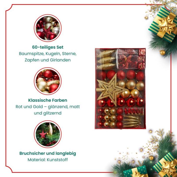 Kerstboomversiering - goud/rood - 60-delig - set incl. boompiek, ballen, parelketting, slinger en sterren - kunststof, 47,5 x 29,7 x 6,5 cm