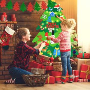 Vilten kerstboom, doe-het-zelf kerstboomdecoratie, 32 stuks, afneembare hangende ornamenten, kerstboomdecoratie voor kinderen, met 3 m ledverlichting, vilten stof, voor kerstspel, 