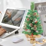 Kunstkerstboom, 60 cm, met dennenappels, rode bessen, groene dennenbladeren, 70 punten, linnen, katoen en cementbasis, voor kerstdecoraties