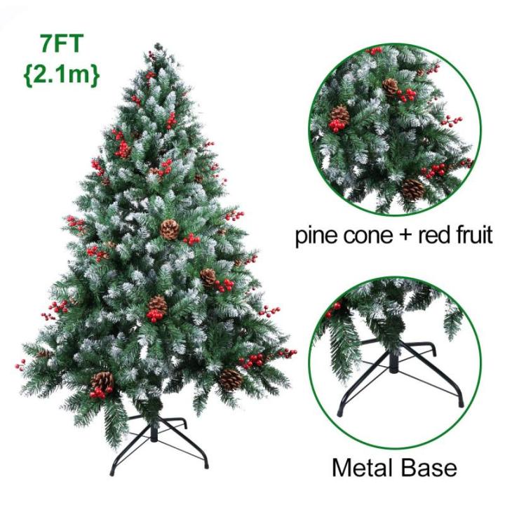 Kerstboom van 2,1 m met dennenappels en bessen, 2,1 m PVC kunstmatige kerstboom met sneeuw stroomden tips kerstdecoratie staande kerstboom voor binnen buiten groen en wit