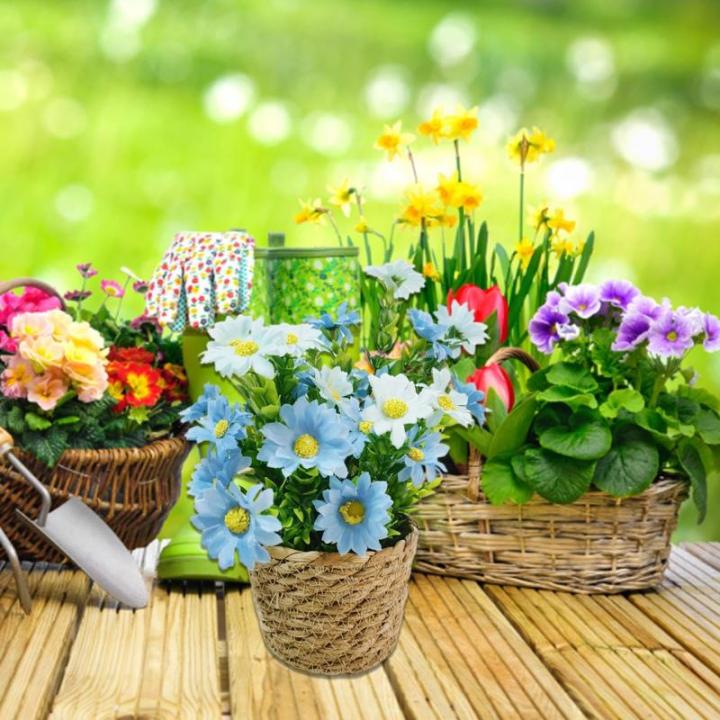 Künstlicher Gänseblümchentopf, kleine Kunstpflanzen mit Topf - Blumenarrangement mit Gänseblümchen im Rattantopf,Seidiger künstlicher Gänseblümchen-Rattan-Topf-Bonsai für 