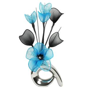 798635 QH1 vaas, met kunstmatige nylon bloemen, 32 cm zilver/teal & wit