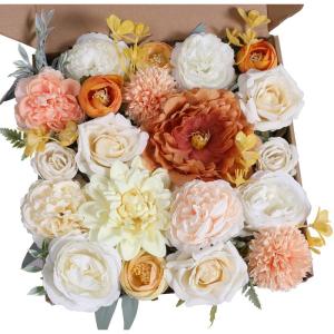 Kunstbloemkoppen, rozen, pioenrozen, dahlia's, bloemhoofden, zijden bloemen, voor feest, doe-het-zelf bruid, bruiloft, bloemstukken, combo decoratie (warm oranje)