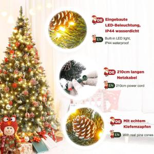 Kunstkerstboom met verlichting en witte sneeuw, led-dennenboom voor kerstdecoratie met echte dennenappels, vuurbestendig, 180 cm
