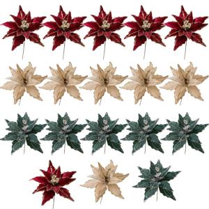 6pcs Poinsettia Blumen künstlich 11 Zoll lebensee Weihnachtsblumen weiche künstliche Blumen mit Glitzerpulver für Weihnachten Neujahrsfeierdekorationen, leichte Gold, Weihnachts