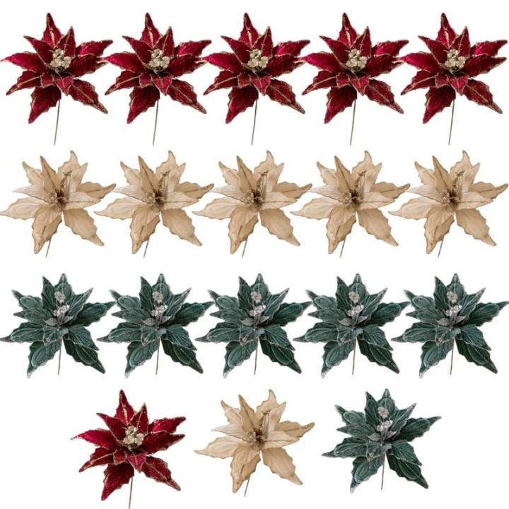 6pcs Poinsettia Blumen künstlich 11 Zoll lebensee Weihnachtsblumen weiche künstliche Blumen mit Glitzerpulver für Weihnachten Neujahrsfeierdekorationen, leichte Gold, Weihnachts